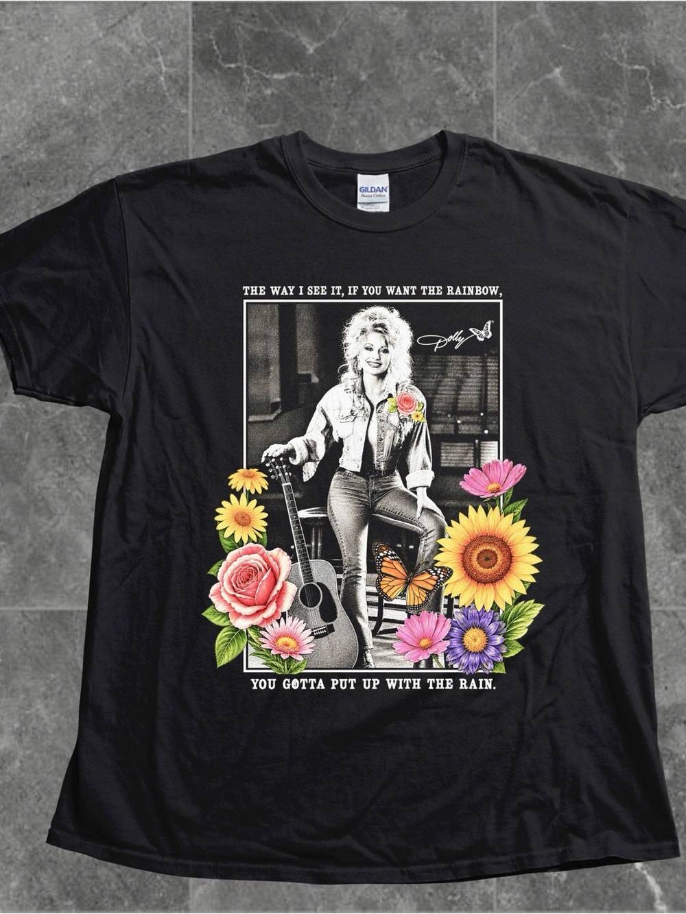 Dolly Parton Graphic Tee with Colorful Floral and Butterfly Artwork